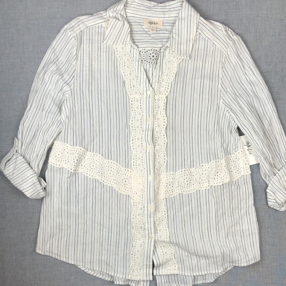 Style & Co Stripe Crochet Trim Button Down Top Size L XL PL PXL - Picture 2 of 7